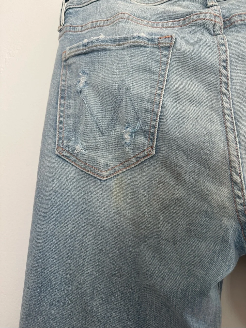 Mother The Weekender Flare Jean Free Hugs Distressed Light Wash Denim